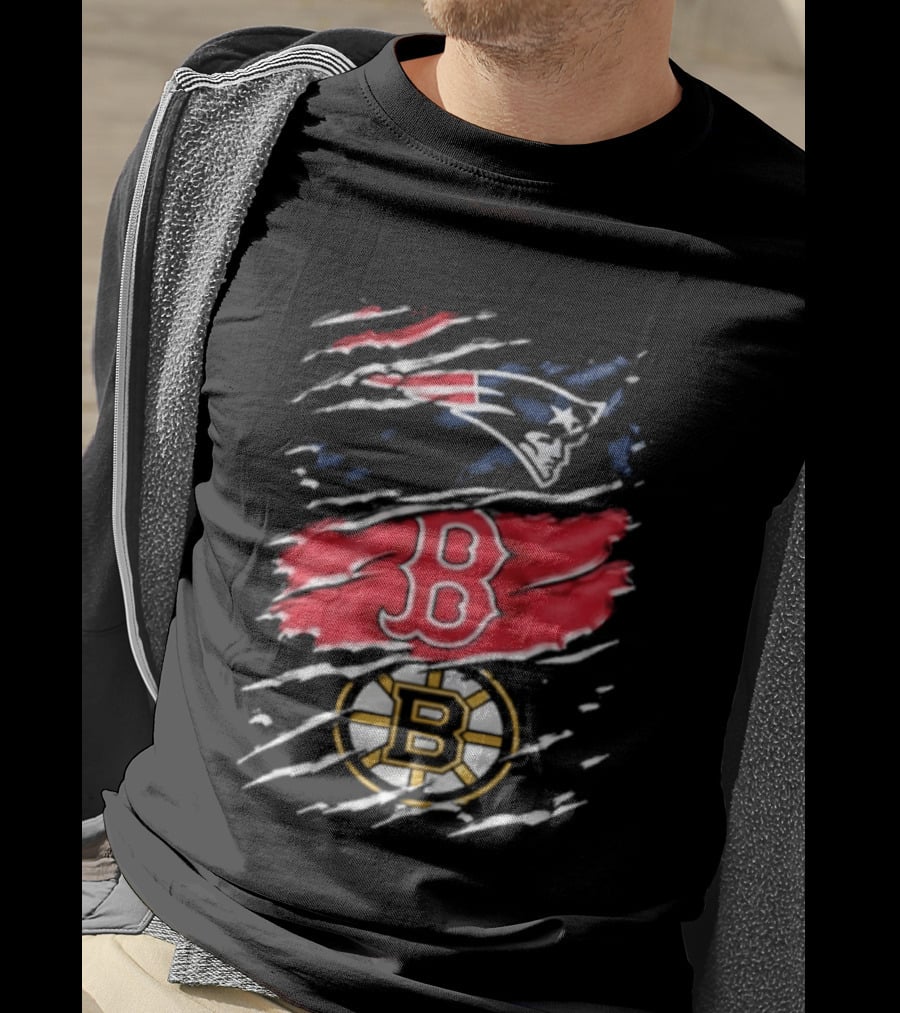 New England Patriots Boston Red Sox Boston Bruins Ripped Distressed Triple Team Sports T-Shirt