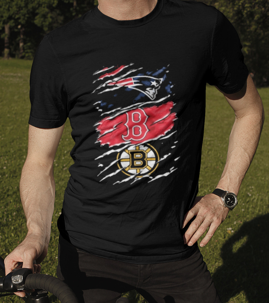 New England Patriots Boston Red Sox Boston Bruins Ripped Distressed Triple Team Sports T-Shirt