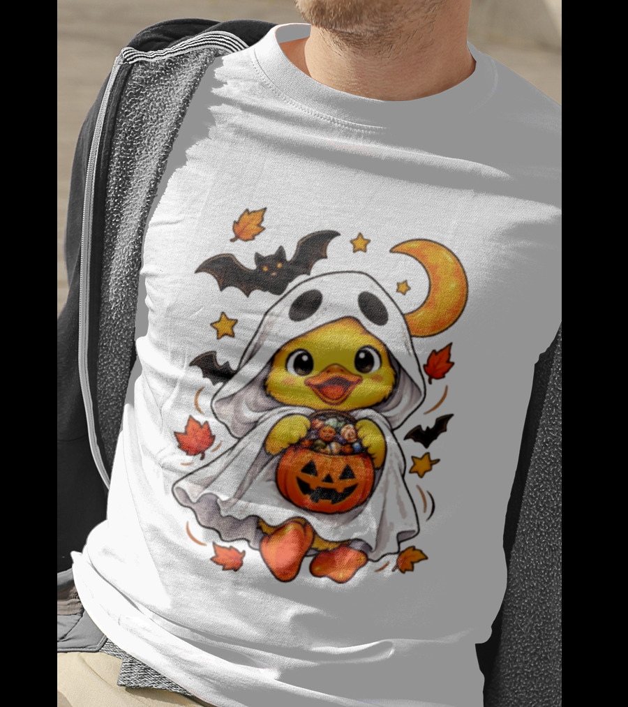 Ghost Ducking With Halloween Pumpkin Candy Bucket Bat Moon And Stars T-Shirt