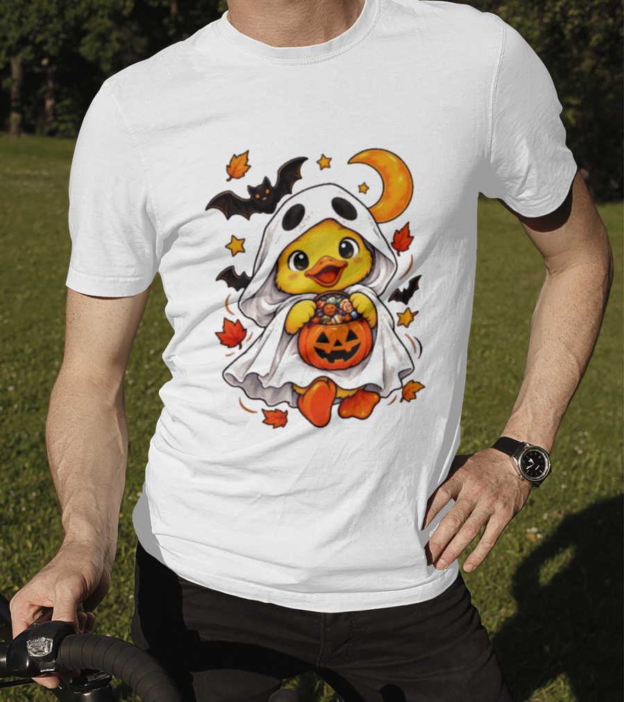 Ghost Ducking With Halloween Pumpkin Candy Bucket Bat Moon And Stars T-Shirt