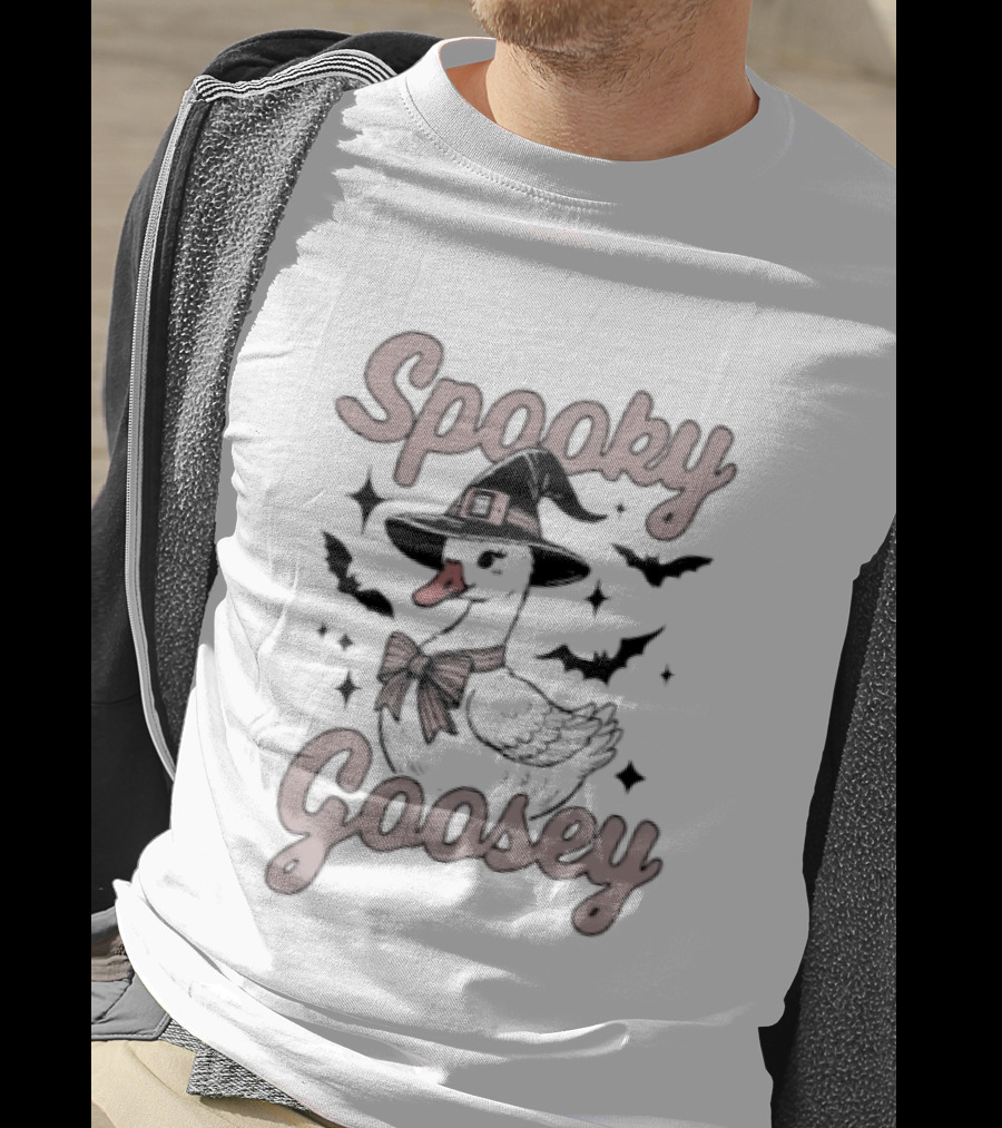 Spooky Goosey Witch Hat Bow Halloween Bats And Stars T-Shirt