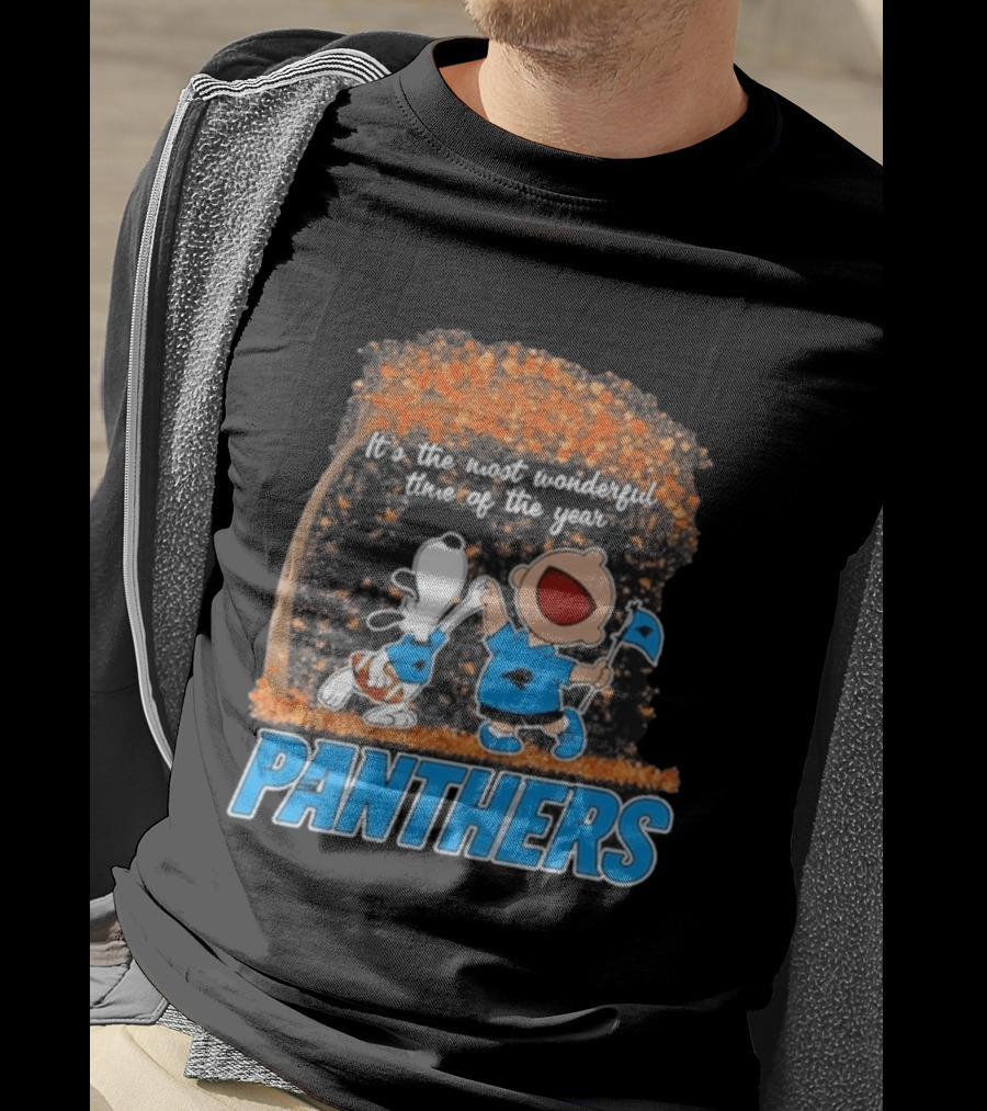 Carolina Panthers Snoopy Charlie Brown Dancing It's The Most Wonderful Time Of The Year 2026 T-Shirt