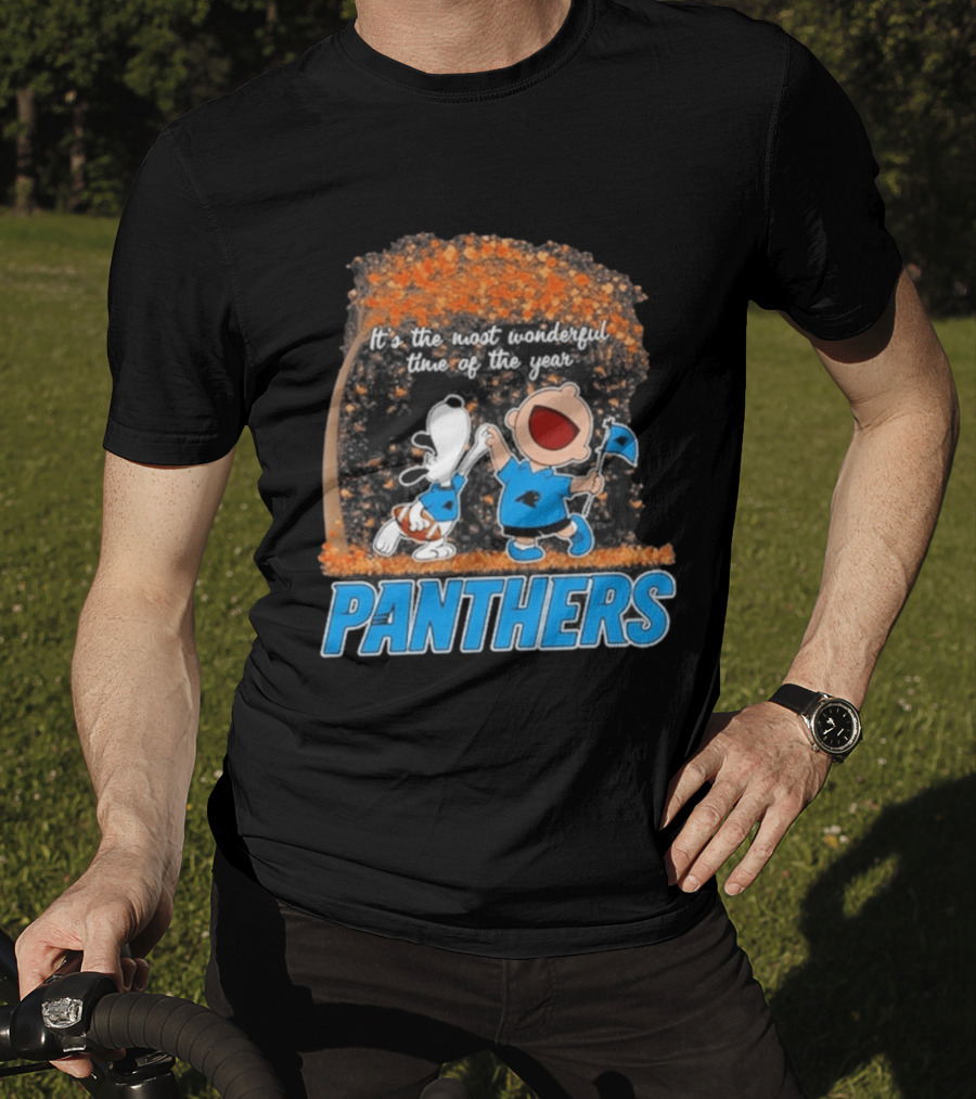 Carolina Panthers Snoopy Charlie Brown Dancing It's The Most Wonderful Time Of The Year 2026 T-Shirt