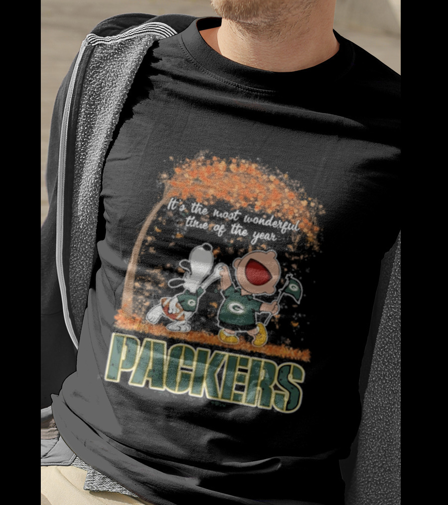 Green Bay Packers Snoopy Charlie Brown Dancing Autumn Leaves 2026 Most Wonderful Time T-Shirt