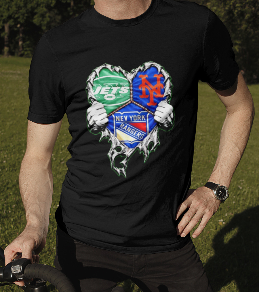 New York Jets Mets Rangers Heart Mashup Scratch T-Shirt