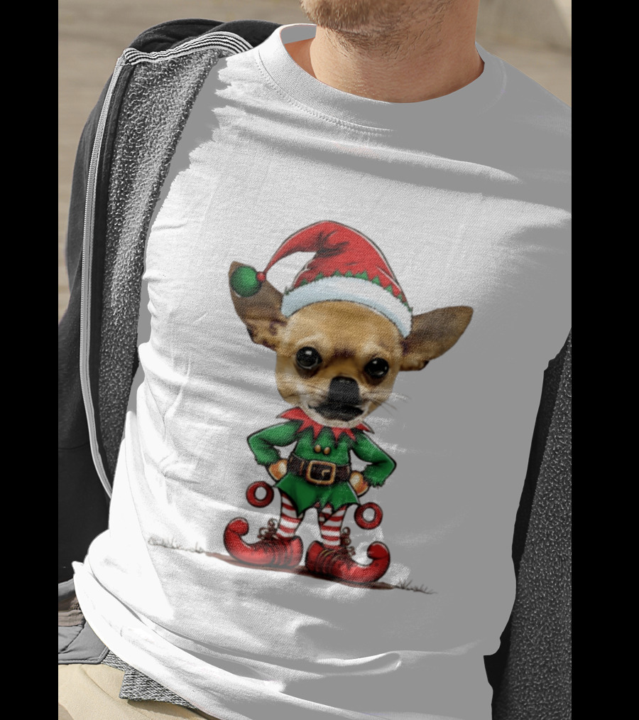 Chihuahua Elf Christmas 2026 Humor Meme Festive Dog In Santa Hat And Green Elf Outfit T-Shirt