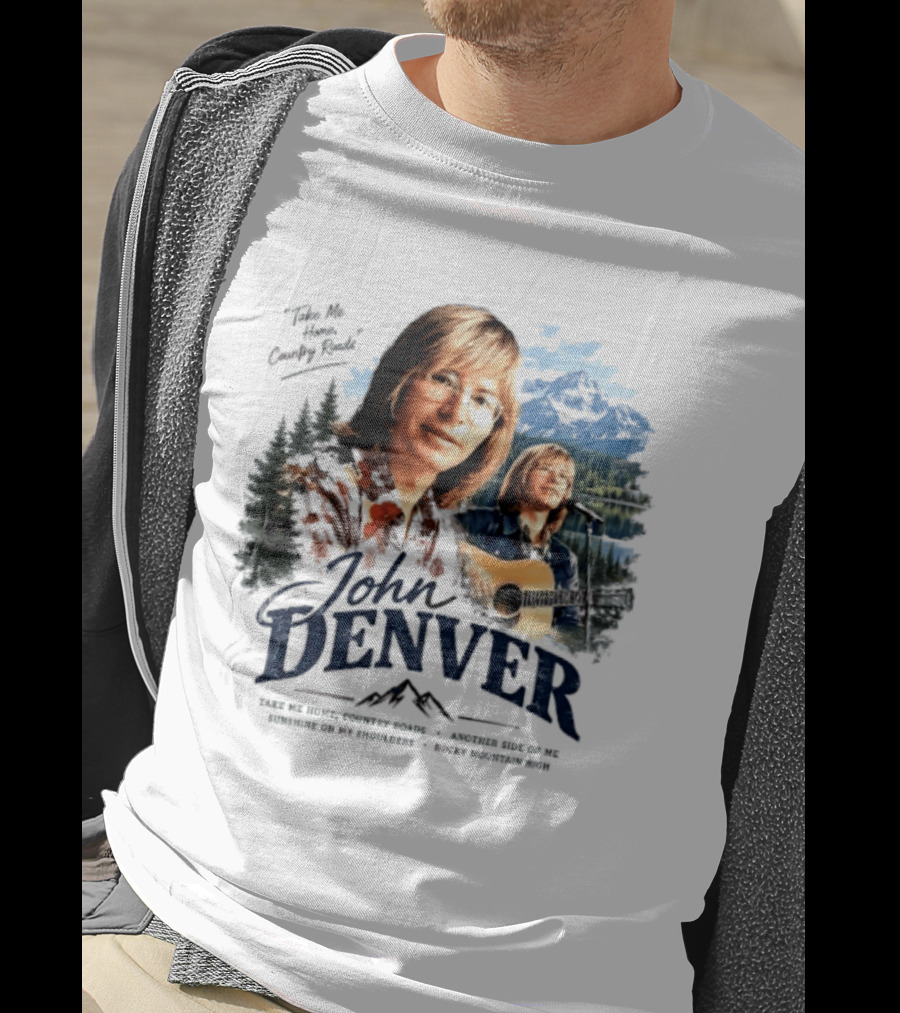 John Denver Take Me Home Country Roads Lyrics Mountains Forest Guitar Scene T-Shirt