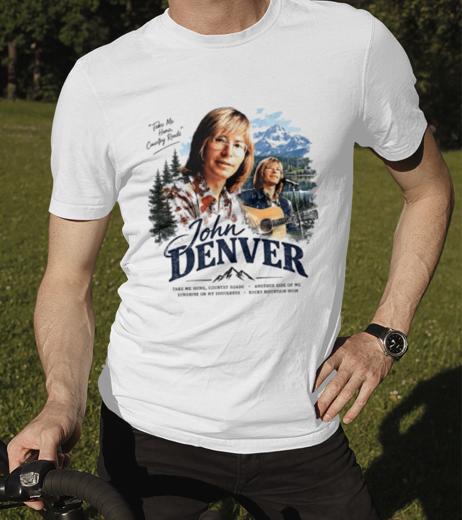 John Denver Take Me Home Country Roads Lyrics Mountains Forest Guitar Scene T-Shirt