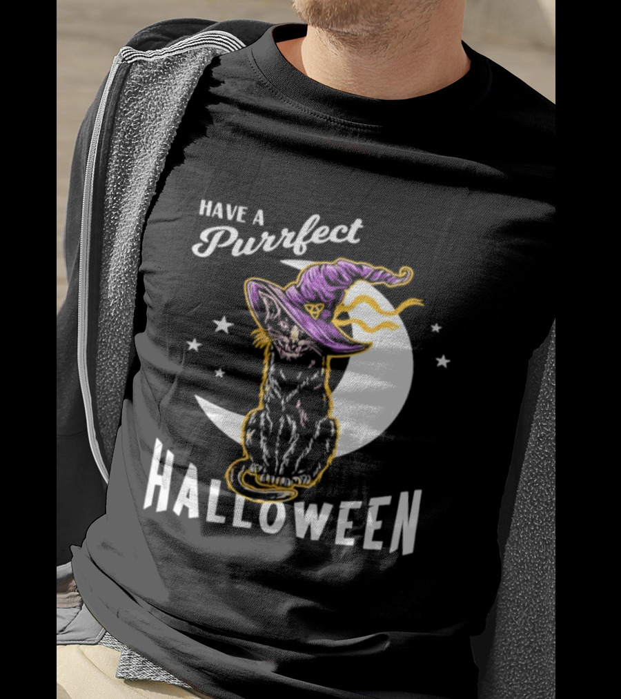 Have A Purrfect Halloween Black Cat And Moon With Witch Hat T-Shirt