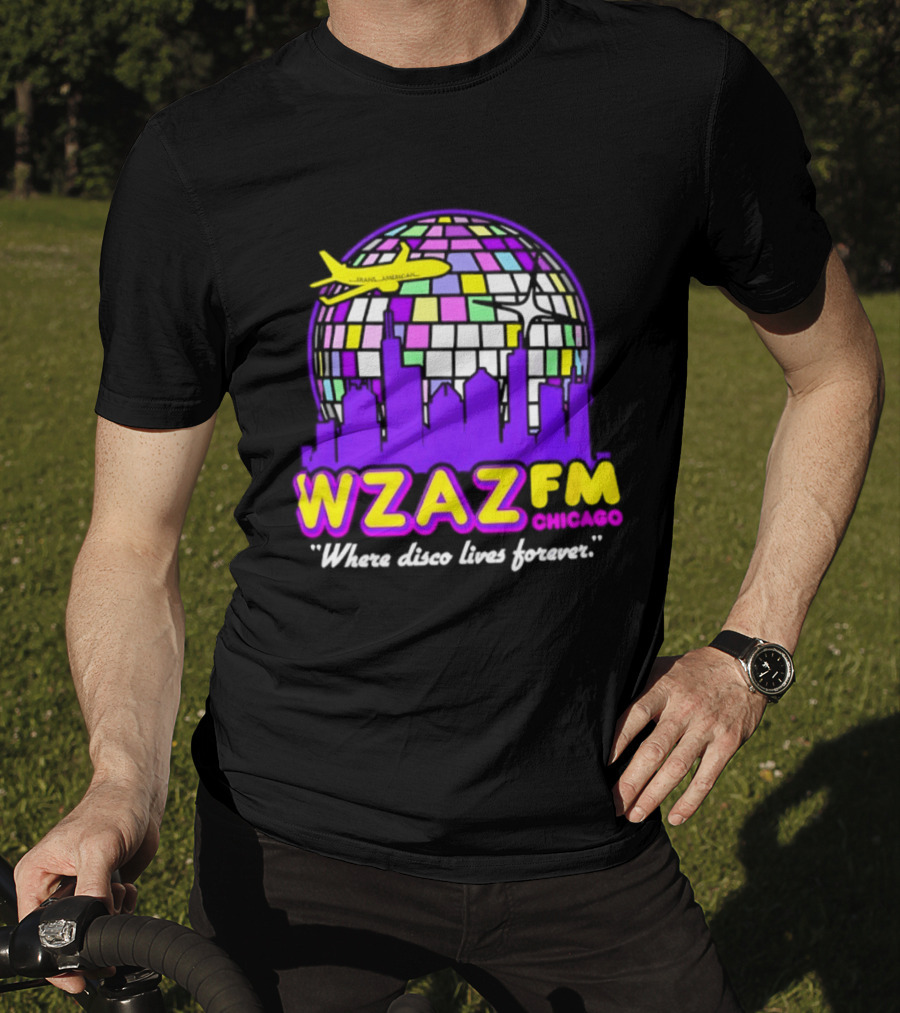 WZAZ FM Chicago Disco Globe And Skyline Where Disco Lives Forever T-Shirt