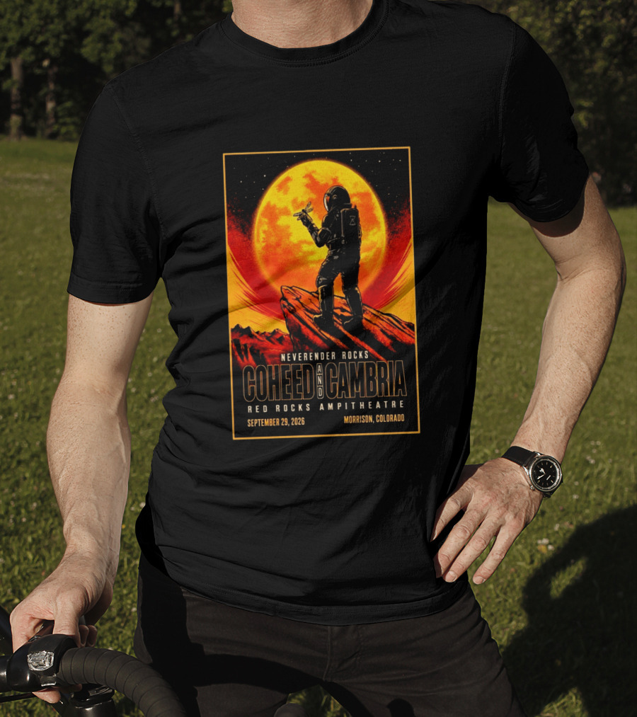 Neverender Rocks Coheed And Cambria Red Rocks Ampitheatre Morrison Colorado September 29 2026 Astronaut Orange Moon Scene T-Shirt