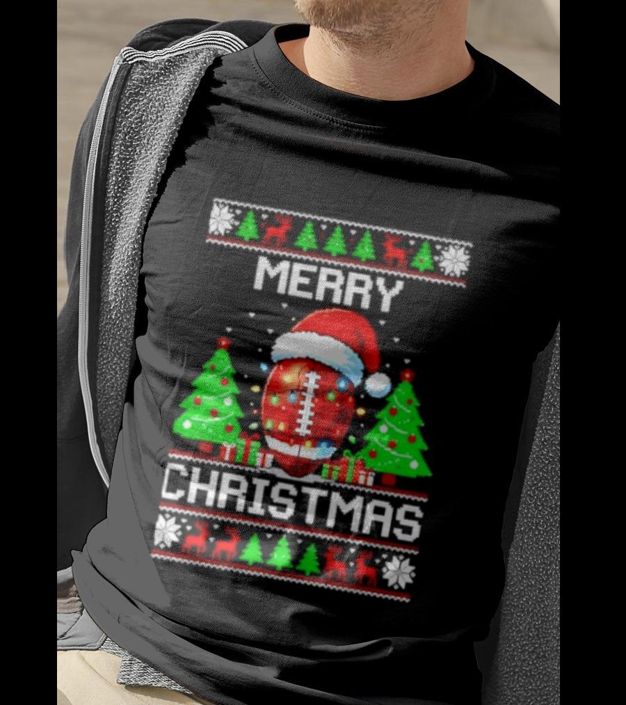 Merry Christmas Football Santa Hat Lights Festive Trees T-Shirt