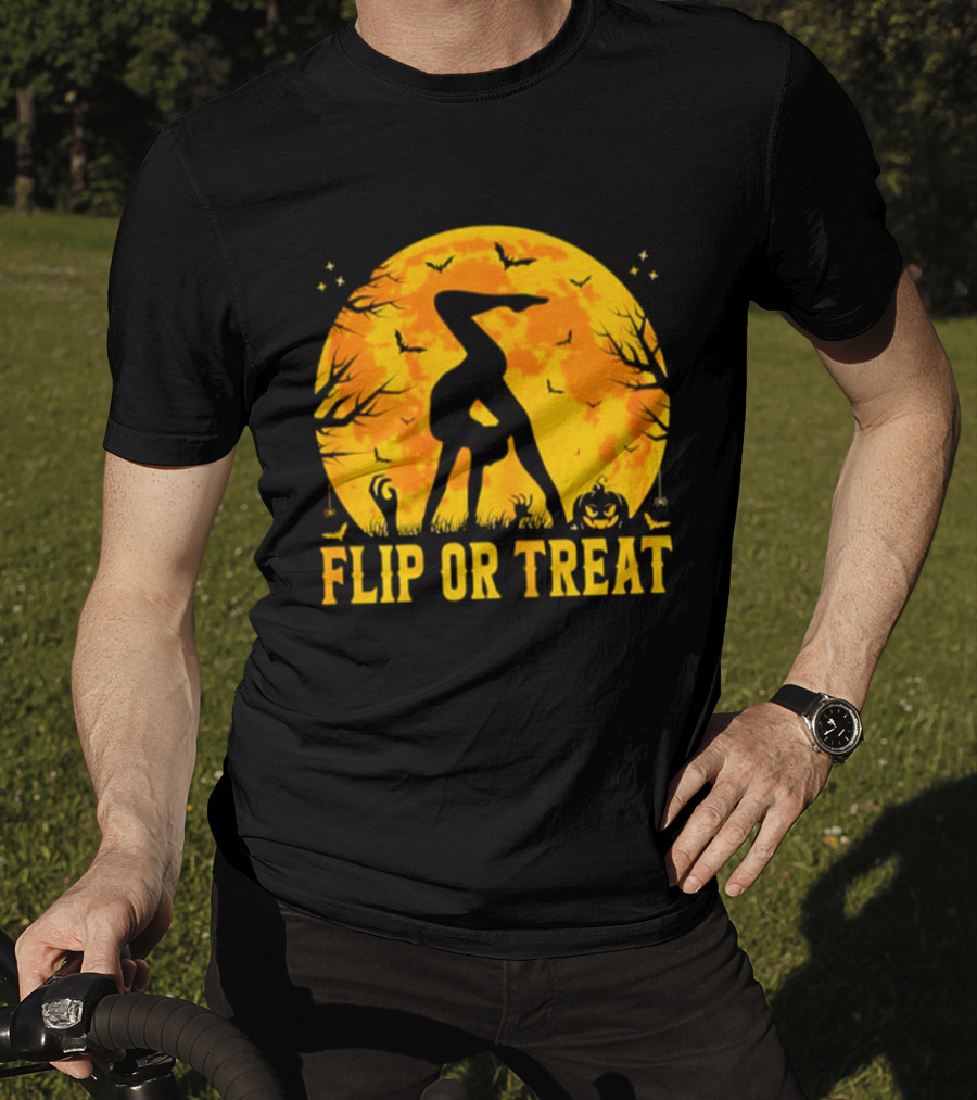 Flip Or Treat Halloween Gymnastics Moon Silhouette Spooky Pumpkin T-Shirt