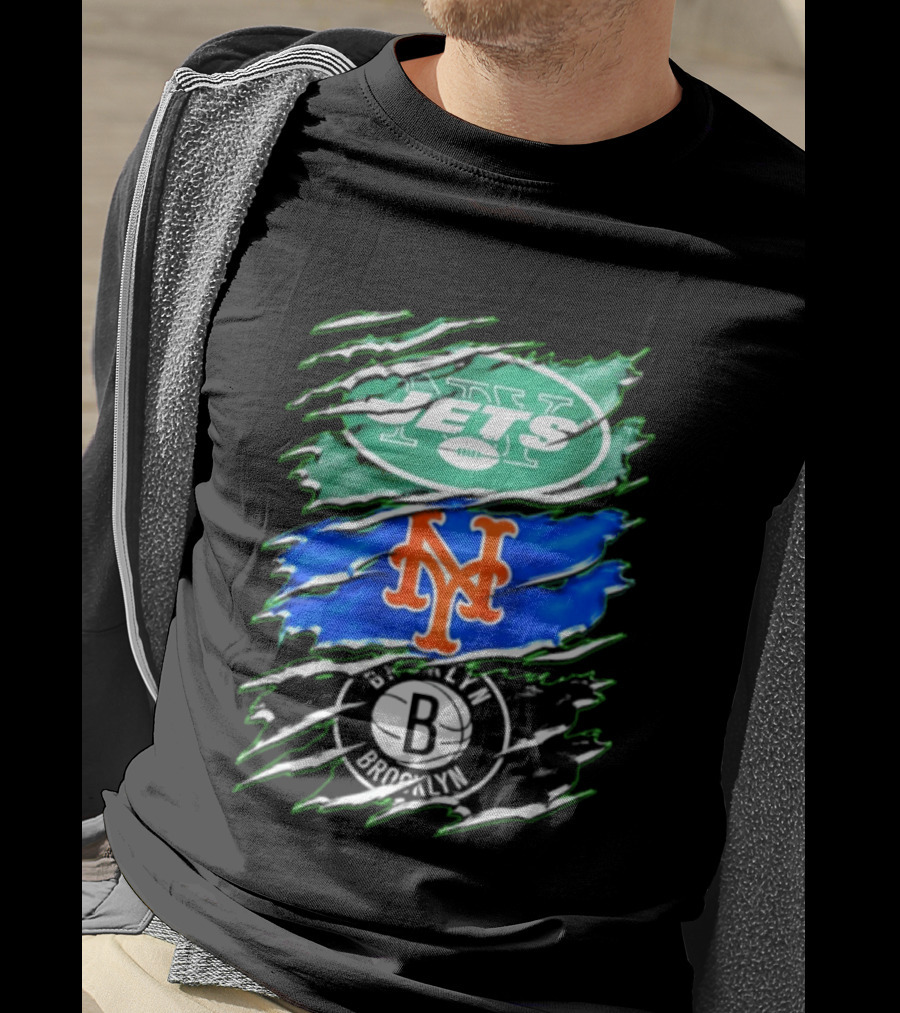 New York Jets Mets Brooklyn Nets Scratch Logo Mashup T-Shirt