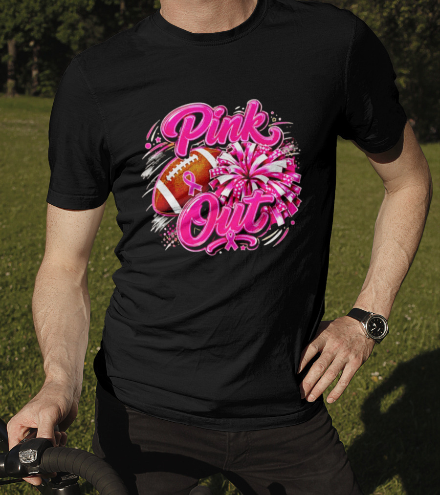 Pink Out Breast Cancer Awareness Football Cheerleading Pom Poms T-Shirt