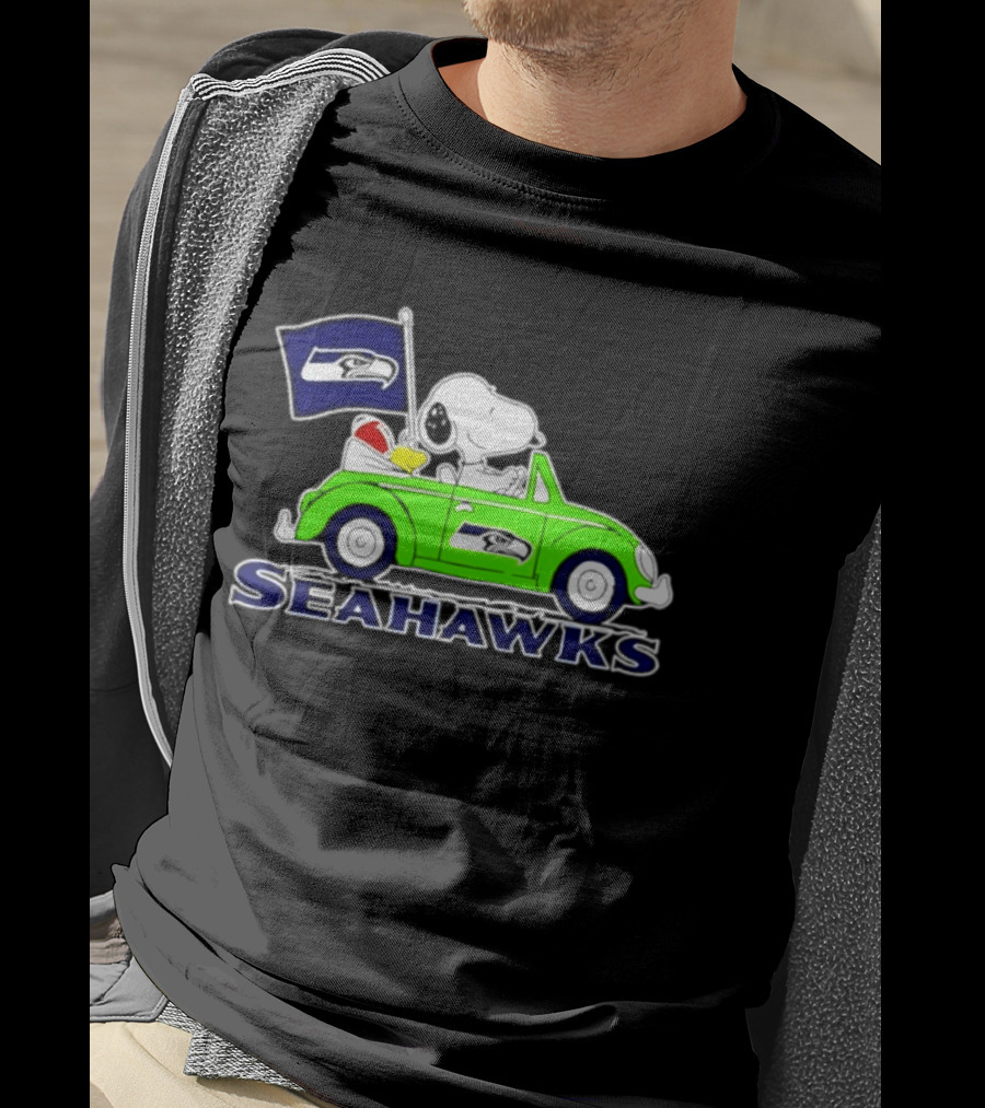 Snoopy In Volkswagen Beetle With Seattle Seahawks Flag 2026 Season T-Shirt