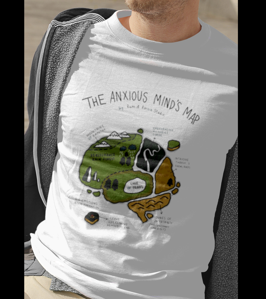The Anxious Mind's Map Rum & Raisin Studio Reassurance Rain Forest Expectations Plateau Attack Of Panic Peaks T-Shirt