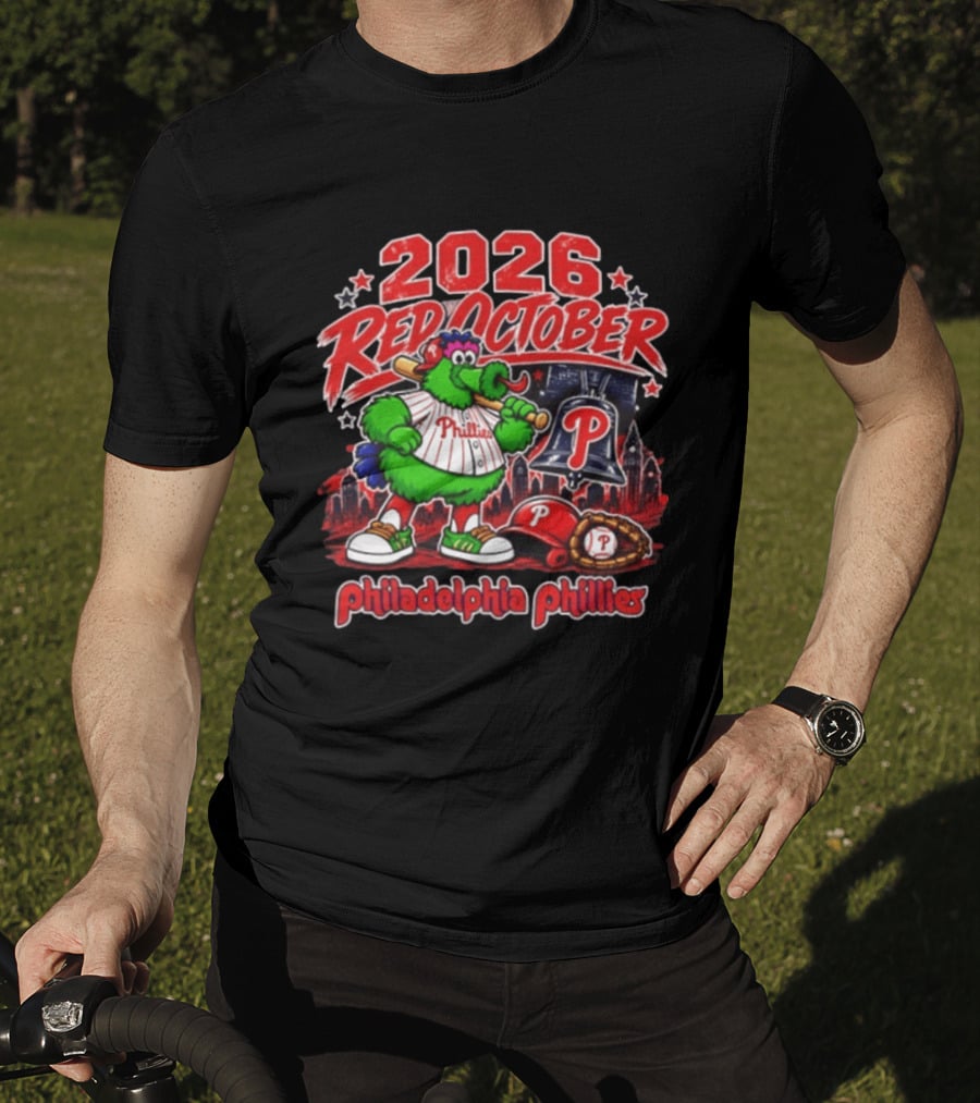 2026 Red October Philadelphia Phillies Phanatic City Skyline Liberty Bell T-Shirt