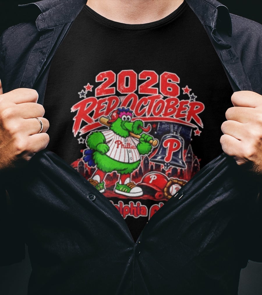 2026 Red October Philadelphia Phillies Phanatic City Skyline Liberty Bell T-Shirt