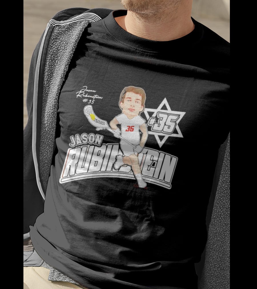 Jason Rubinstein Number 35 Lacrosse Jewish Star Caricature NCAA Rhodes T-Shirt
