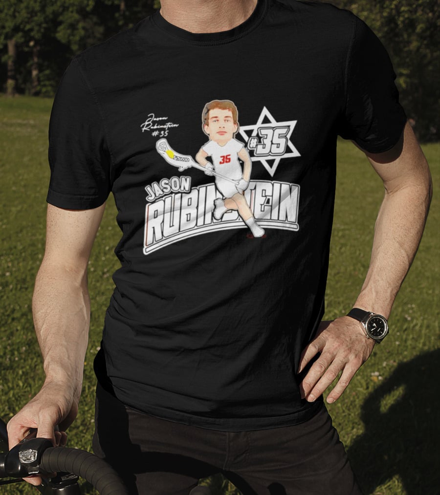 Jason Rubinstein Number 35 Lacrosse Jewish Star Caricature NCAA Rhodes T-Shirt