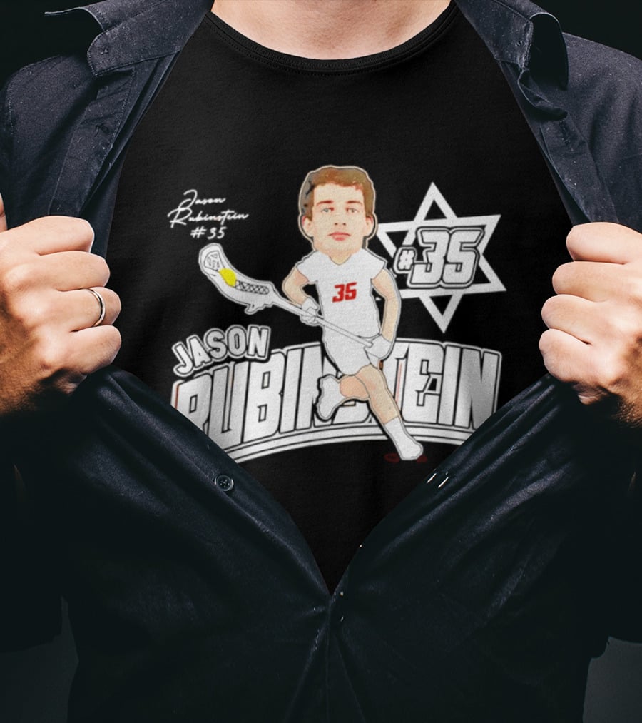 Jason Rubinstein Number 35 Lacrosse Jewish Star Caricature NCAA Rhodes T-Shirt