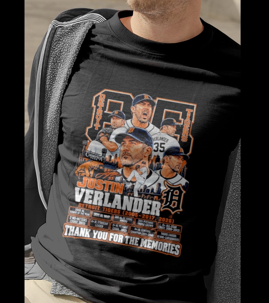 Detroit Tigers 35 Justin Verlander Thank You For The Memories 2005 2017 2026 T-Shirt