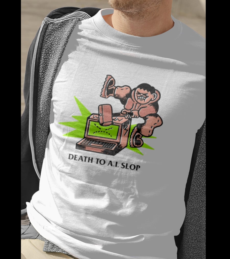 Death To AI Slop Digital Technology Revolution Sledgehammer Laptop Destruction T-Shirt