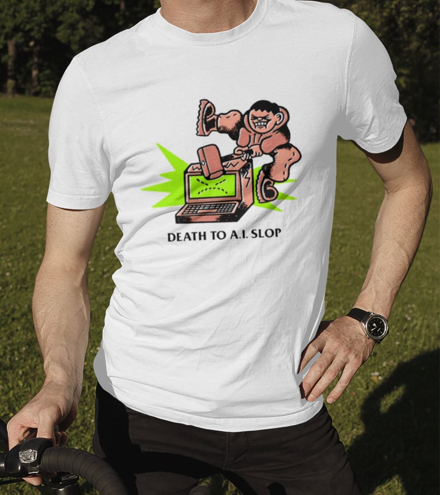 Death To AI Slop Digital Technology Revolution Sledgehammer Laptop Destruction T-Shirt