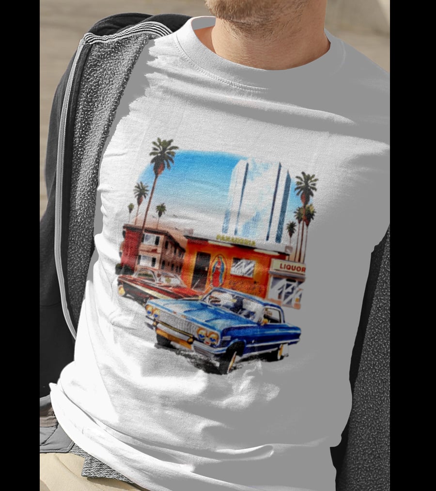 Panaderia Liquor Lowrider Scene With Vintage Cars And Palms T-Shirt