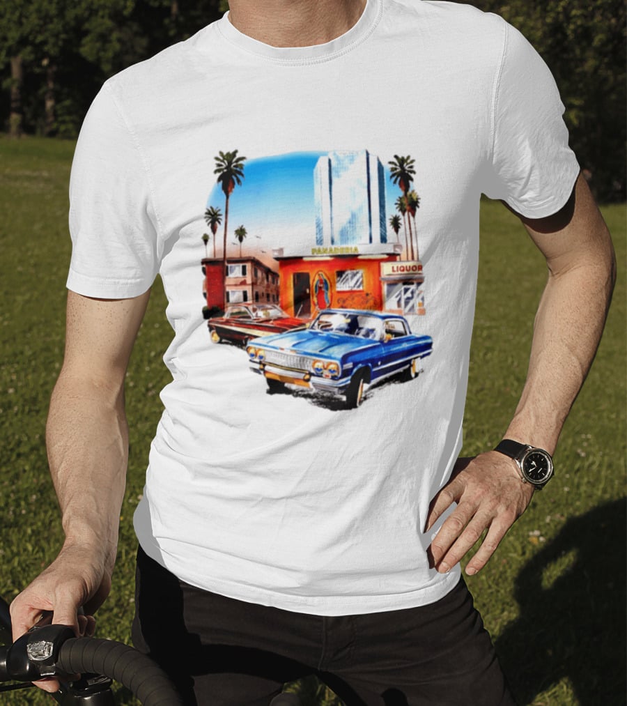 Panaderia Liquor Lowrider Scene With Vintage Cars And Palms T-Shirt