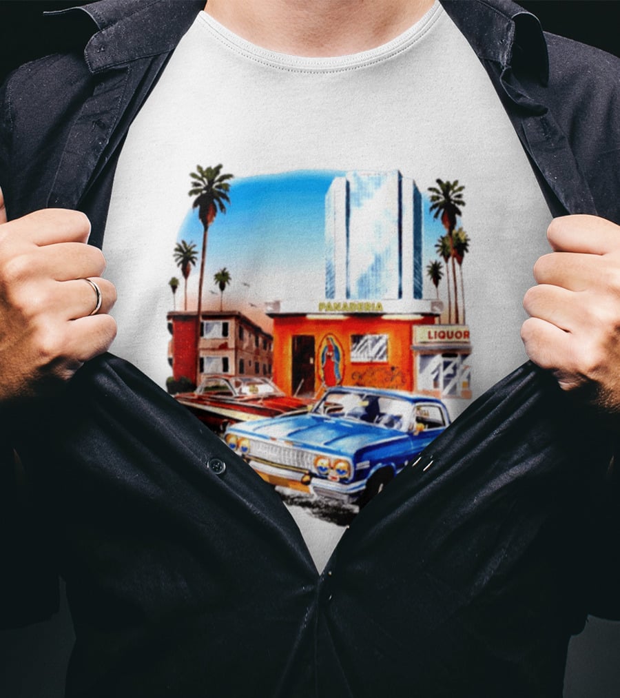 Panaderia Liquor Lowrider Scene With Vintage Cars And Palms T-Shirt