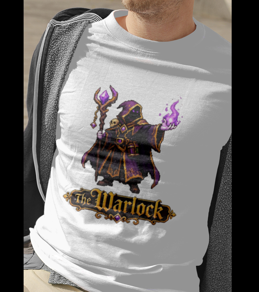 The Warlock Pixel Fantasy Mage RPG Cloaked Wizard With Staff And Magic Spell T-Shirt