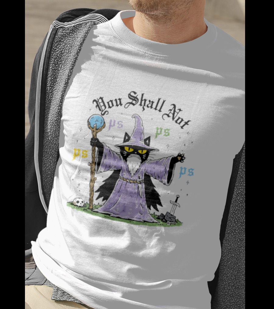 You Shall Not Ps Ps Cat Wizard Lord Of The Rings Mage Spellcaster Staff Cloak T-Shirt