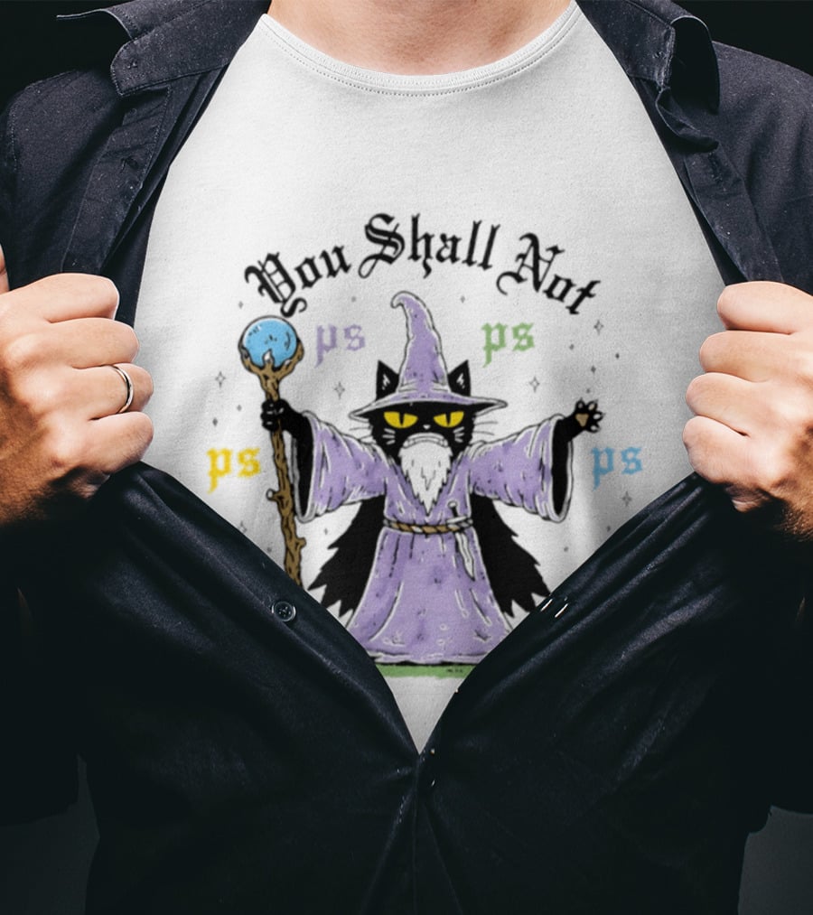 You Shall Not Ps Ps Cat Wizard Lord Of The Rings Mage Spellcaster Staff Cloak T-Shirt