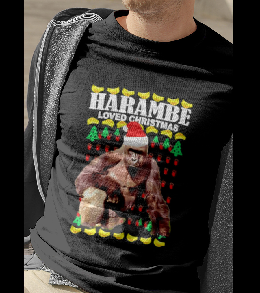 Harambe Loved Christmas Gorilla In Santa Hat With Bananas And Trees T-Shirt