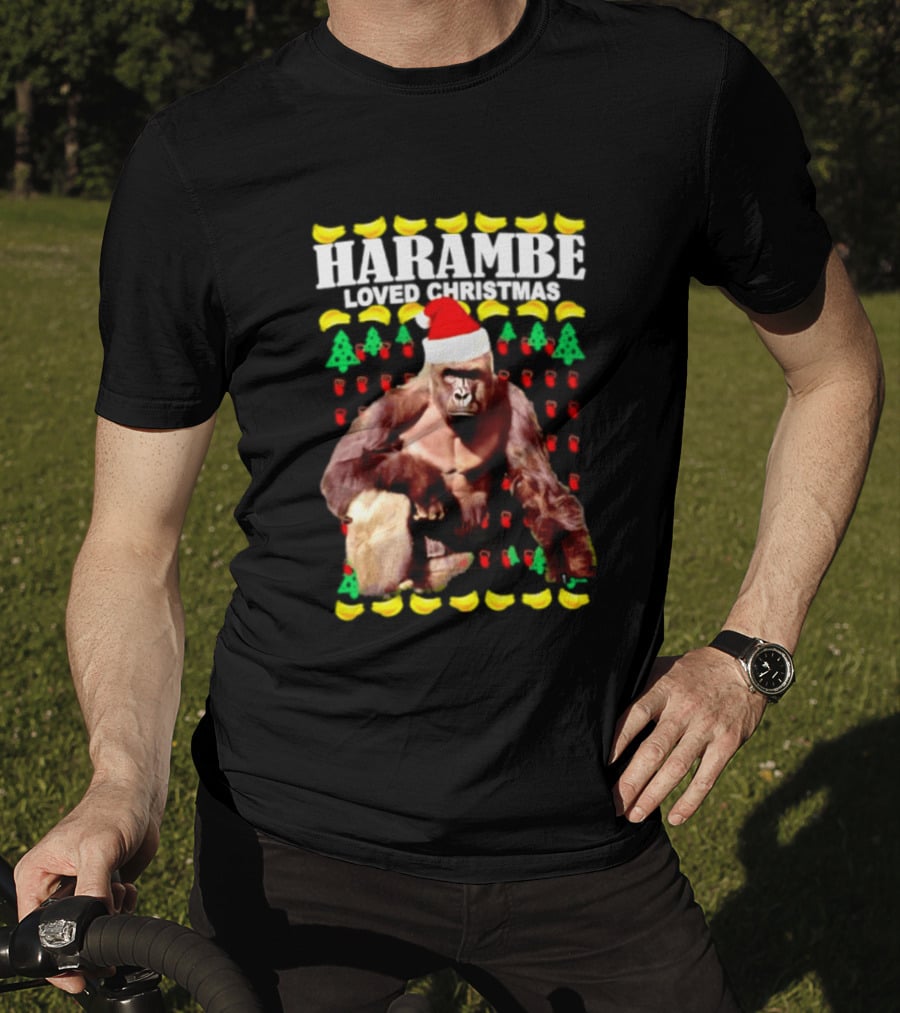 Harambe Loved Christmas Gorilla In Santa Hat With Bananas And Trees T-Shirt