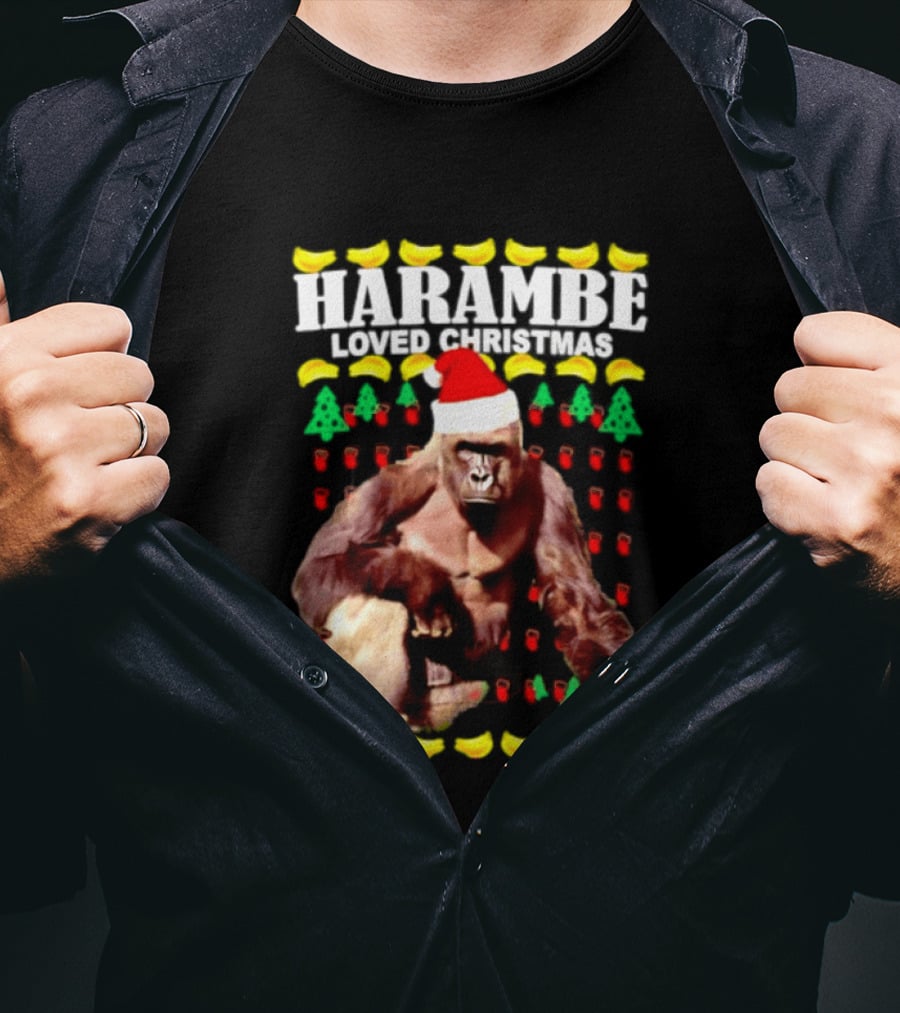 Harambe Loved Christmas Gorilla In Santa Hat With Bananas And Trees T-Shirt