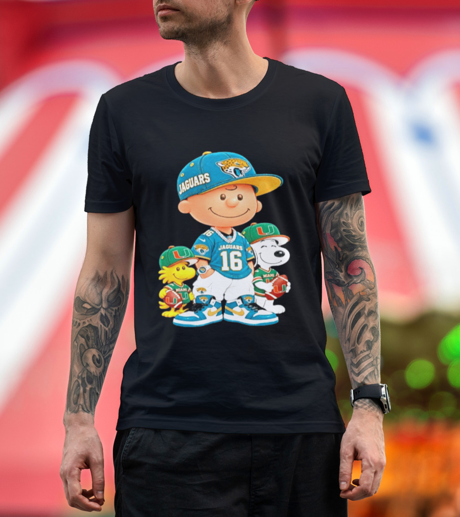 Peanuts Charlie Brown Snoopy Woodstock Jacksonville Jaguars Miami Hurricanes Football Fan Gear T-Shirt