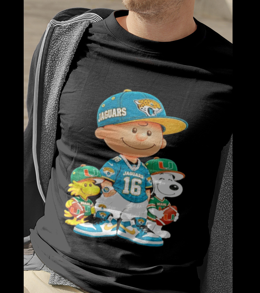 Peanuts Charlie Brown Snoopy Woodstock Jacksonville Jaguars Miami Hurricanes Football Fan Gear T-Shirt