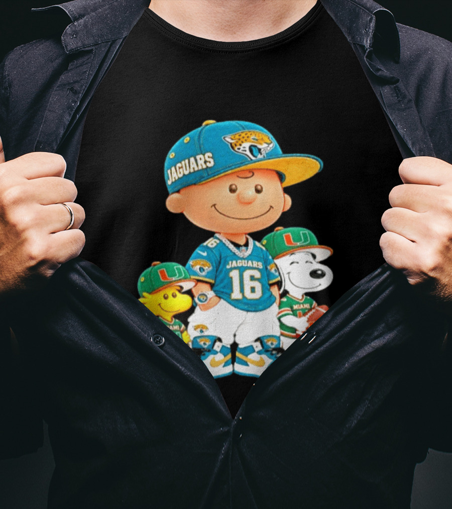 Peanuts Charlie Brown Snoopy Woodstock Jacksonville Jaguars Miami Hurricanes Football Fan Gear T-Shirt