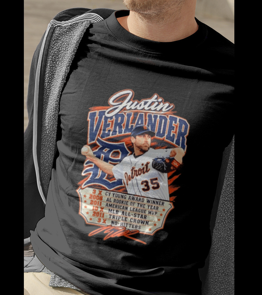 Justin Verlander Detroit Tigers Career 3x Cy Young Award Winner AL Rookie Of The Year 2011 American League MVP MLB All Star Triple Crown No Hitters T-Shirt