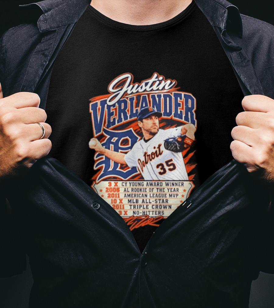 Justin Verlander Detroit Tigers Career 3x Cy Young Award Winner AL Rookie Of The Year 2011 American League MVP MLB All Star Triple Crown No Hitters T-Shirt