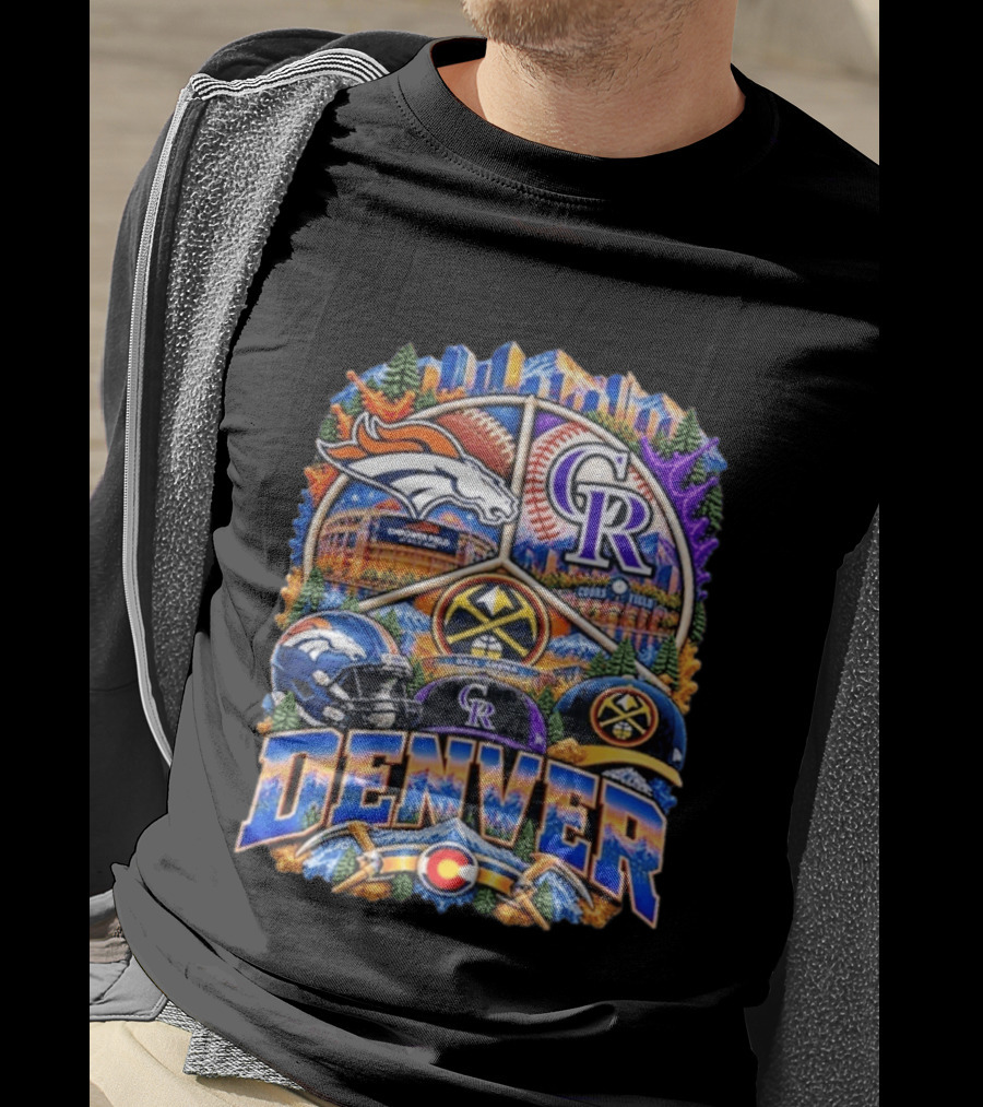 Denver Broncos Rockies Nuggets Sports Skyline Empower Field Coors Ball Arena T-Shirt