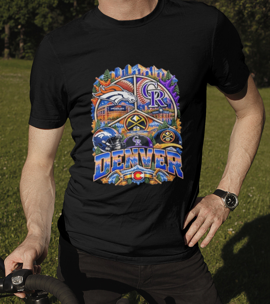 Denver Broncos Rockies Nuggets Sports Skyline Empower Field Coors Ball Arena T-Shirt
