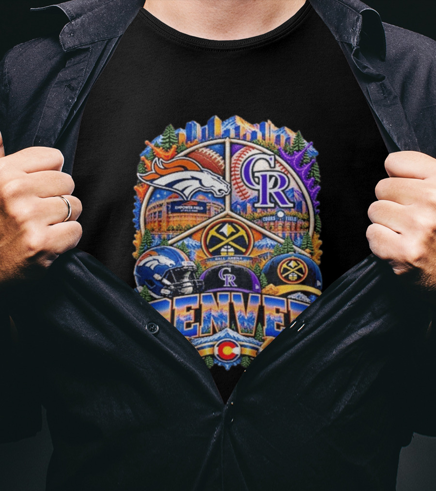 Denver Broncos Rockies Nuggets Sports Skyline Empower Field Coors Ball Arena T-Shirt