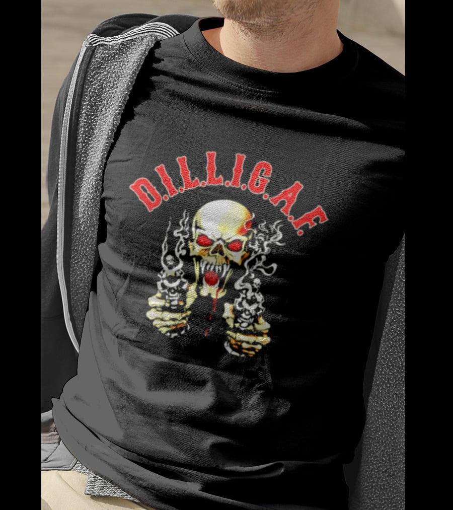 DILLIGAF Skull With Red Eyes Smoking Guns T-Shirt