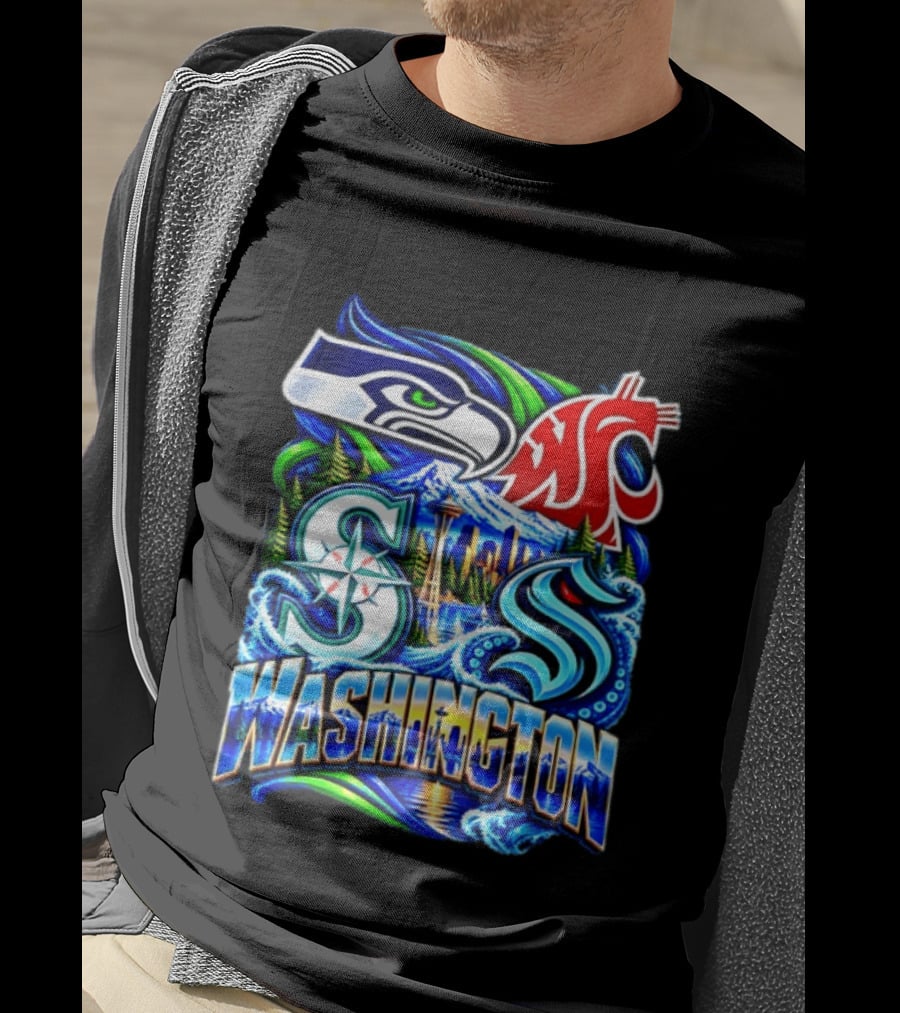 Seattle Seahawks Washington State Cougars Mariners Kraken Washington Skyline T-Shirt
