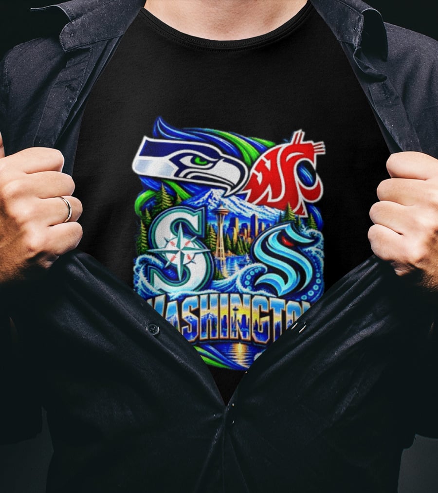 Seattle Seahawks Washington State Cougars Mariners Kraken Washington Skyline T-Shirt