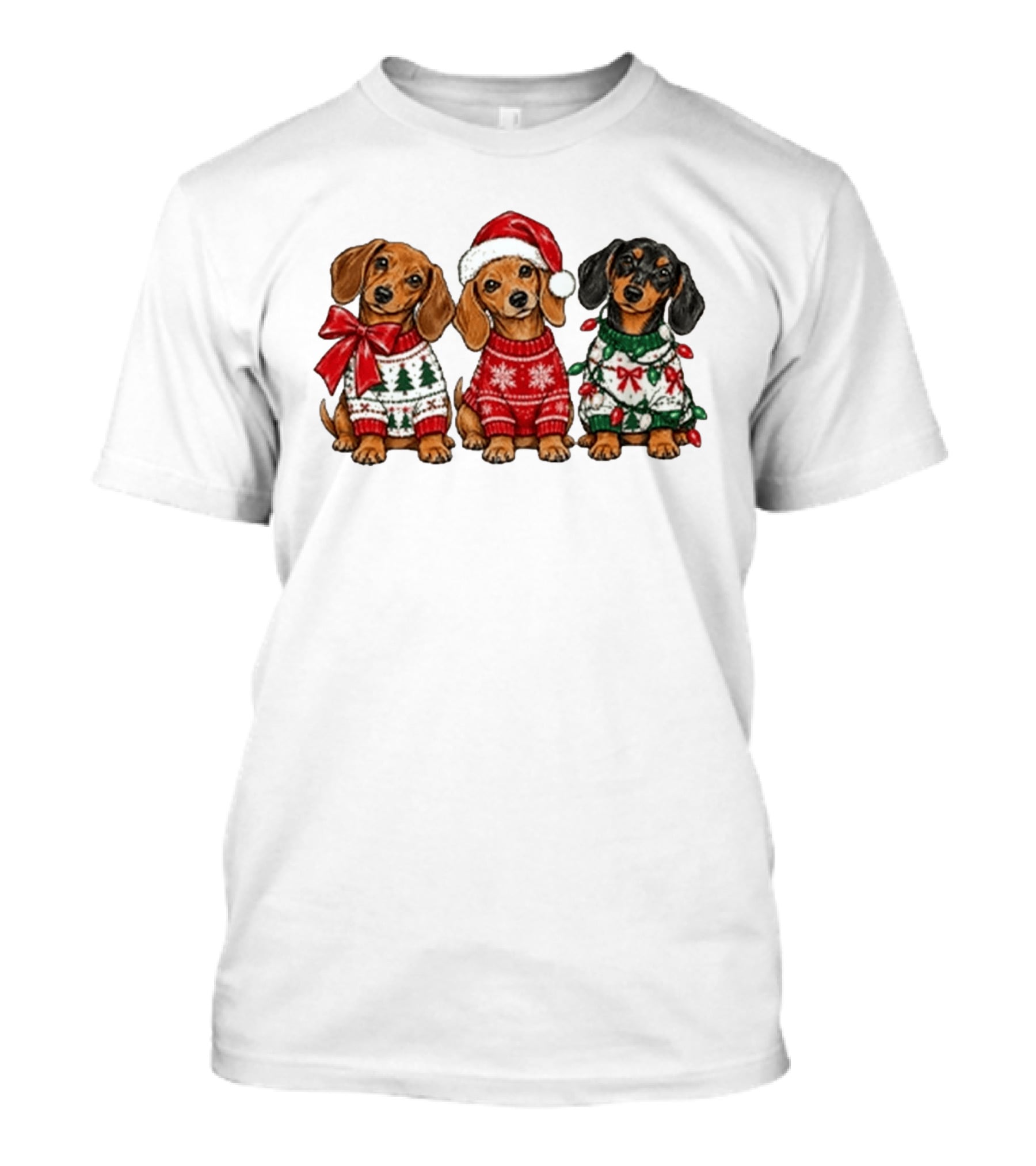 Cozy Christmas Dachshund Trio In Festive Sweaters With Santa Hat T-Shirt